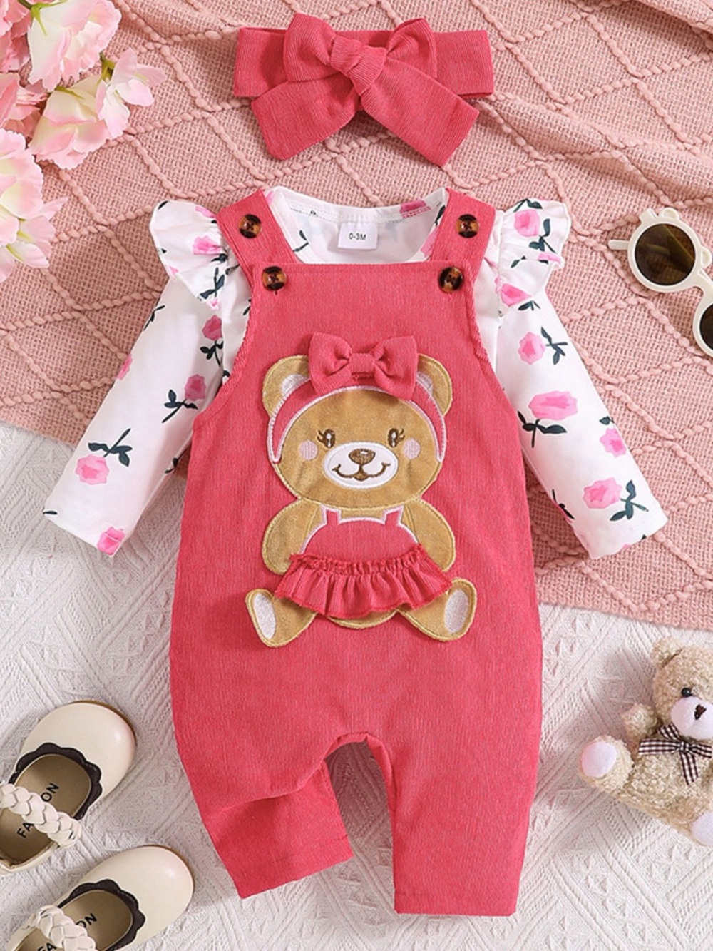 Baby Girls Pink Bear Appliqué One-Piece Romper with Floral Top and Headband